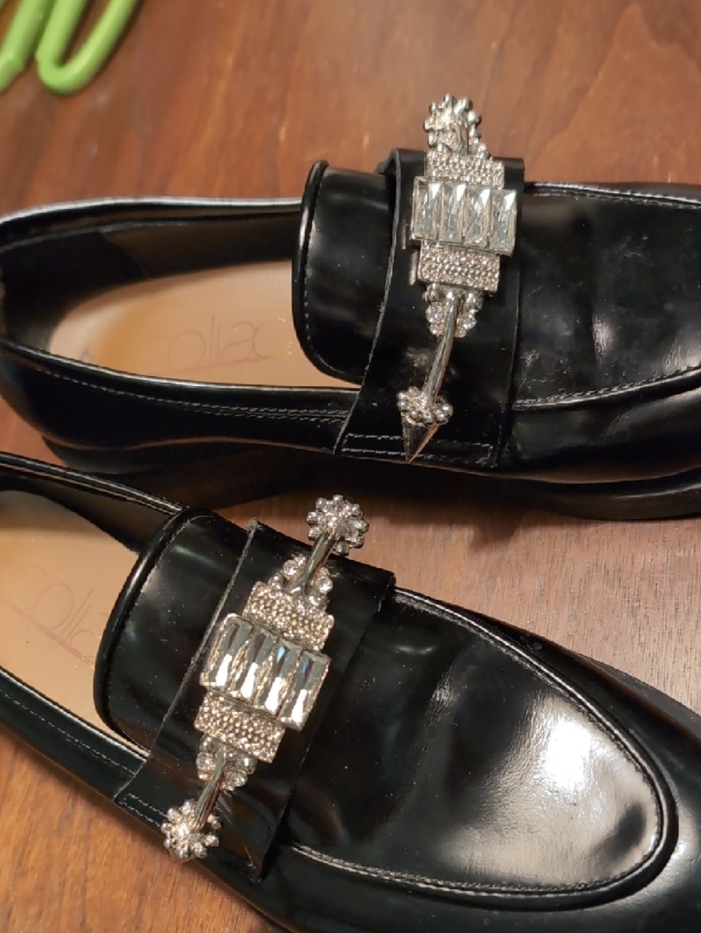 Coliac Black Patent Loafers with Silver Crystal Chain Accent - Picture 2 of 9
